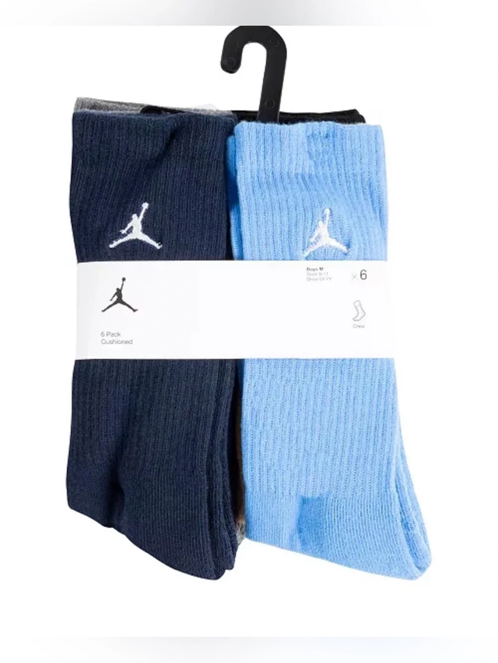 Jordan Crew Socks 6-Pack in Navy, Gray, White, Light Blue, Tan & Black 10C - 3Y